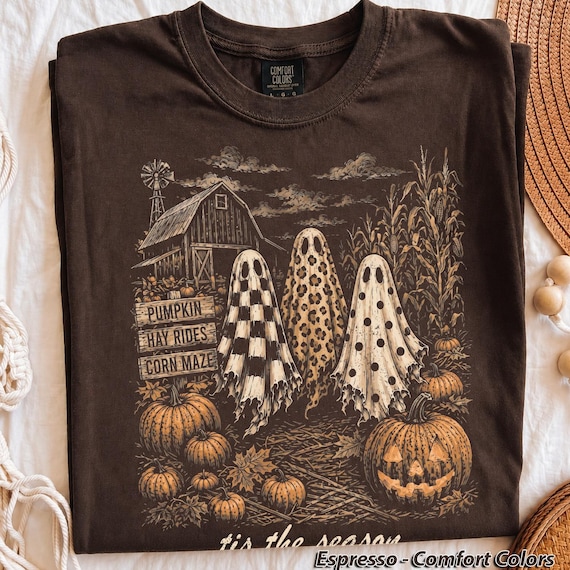 Vintage Tis The Season Ghost Trio, Pumpkin Hay Rides Corn Maze, Retro Farmhouse Halloween Shirt, Spooky Season Graphic Tee, Trendy Fall Top