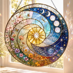 May include: A circular stained glass suncatcher featuring a spiral design that transitions from pink cherry blossoms and butterflies on the left to a golden sun centre, and a deep blue night sky with moon phases and stars on the right side.