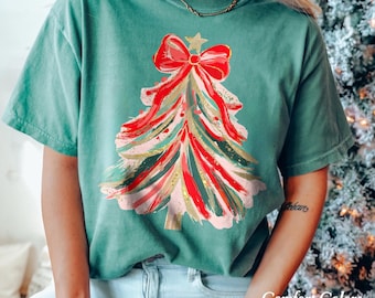 Comfort Colors Christmas Tree Shirt, Red Bow Christmas Sweatshirt for Women, Christmas Tree Tee Shirt, Christmas Coquette Christmas Shirt