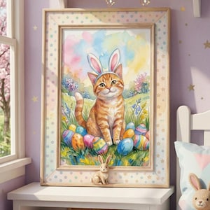 Peut inclure: Une impression encadrée à l'aquarelle représentant un chat roux portant des oreilles de lapin, entouré d'œufs de Pâques colorés dans un champ herbeux. Le cadre est en bois clair avec une bordure à pois. Une figurine de lapin est en dessous.
