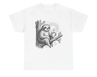 Morning Sloth Vibes Tee - Cute Coffee Sloth Shirt - Cozy Relaxed Fit Unisex T-Shirt for Animal & Coffee Lovers