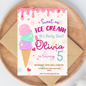 Animierte Eis Geburtstagseinladung, Icecream Sweet Party Pink Mint Gold Lila, Printable Editable Download EDITIERBARE einladen,