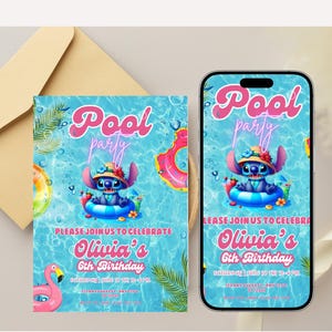 Invito di compleanno animato a tema Stitch, festa a tema Stitch, invito alla festa a tema Stitch, invito alla festa in spiaggia, invito alla festa di compleanno in piscina, invito digitale