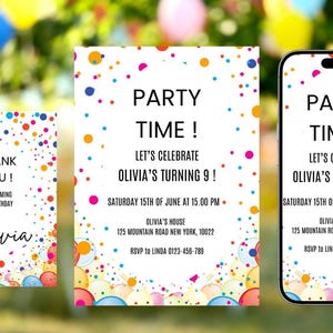 Modèle d'invitation d'anniversaire de confettis animés colorés modifiables, invitation de fête d'anniversaire colorée imprimable, confettis colorés pour l'anniversaire d'enfants