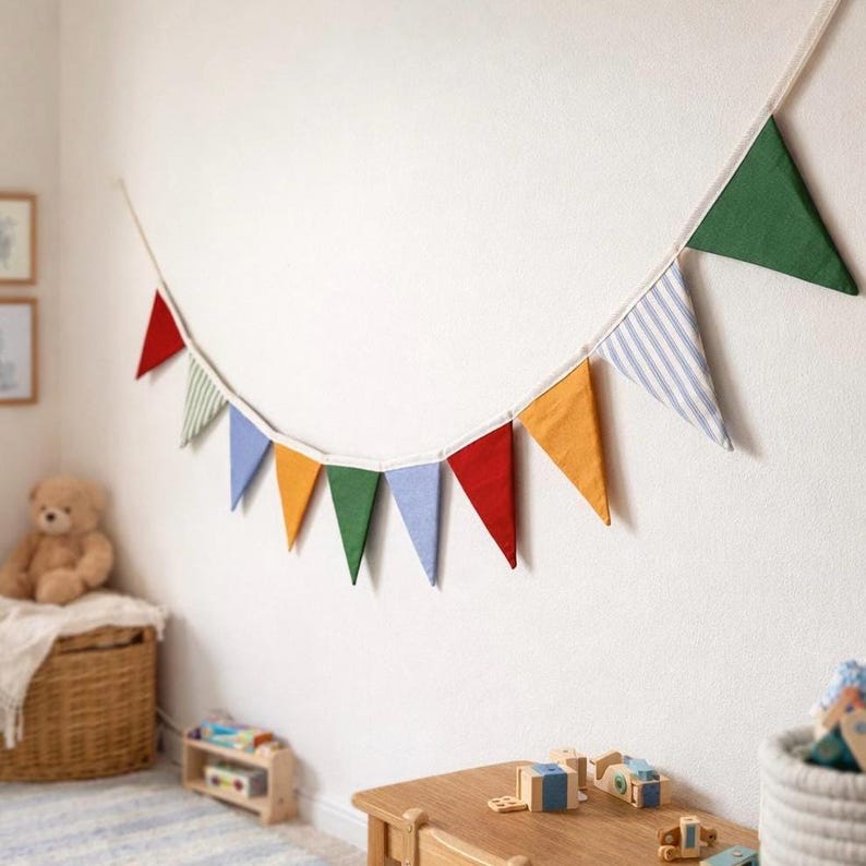 Handmade Fabric Bunting – Fully Lined Cotton Triangle Garland | Nursery Wall Decor, Kids Room Banner, Birthday Party & Classroom Decoration image 1
