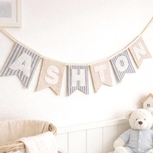 Handmade Fabric Name Bunting in Blue Tones | Baby nursery and kids room decor | Gender Neutral/ Baby boy