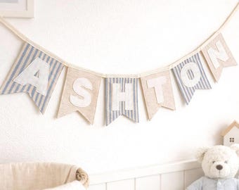 Handmade Fabric Name Bunting in Blue Tones | Baby nursery and kids room decor | Gender Neutral/ Baby boy