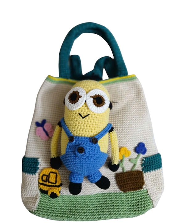 Crochet Minion Backpack Tote: Handmade Cotton Yarn Bag 