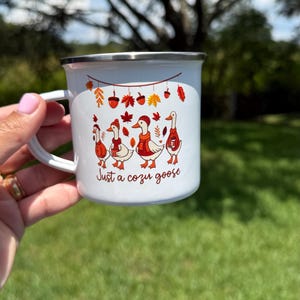 Cozy Goose Enamel Mug: Autumn Campfire Coffee Cup