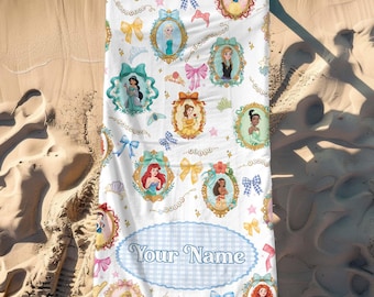 Personalized Magical Princess Mirror Coquette Beach Towel, Ariel Belle Cinderella Bow Pool Party Towels, Bridesmaid Towel, Birthday Gift