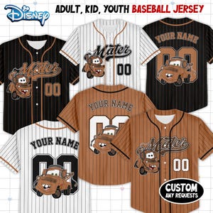 May include: Baseball jerseys featuring the character Mater from the Disney movie Cars. The jerseys are available in black, white, and brown with pinstripes. Each jersey has the number "00" and the option to customize with a name.