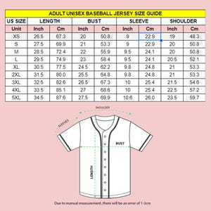 Puede incluir: Gu&iacute;a de tallas de camisetas de b&eacute;isbol unisex para adultos. Incluye medidas en pulgadas y cent&iacute;metros para largo, pecho, manga y hombro. Tallas de XS a 5XL. Un diagrama ilustra los puntos de medici&oacute;n.