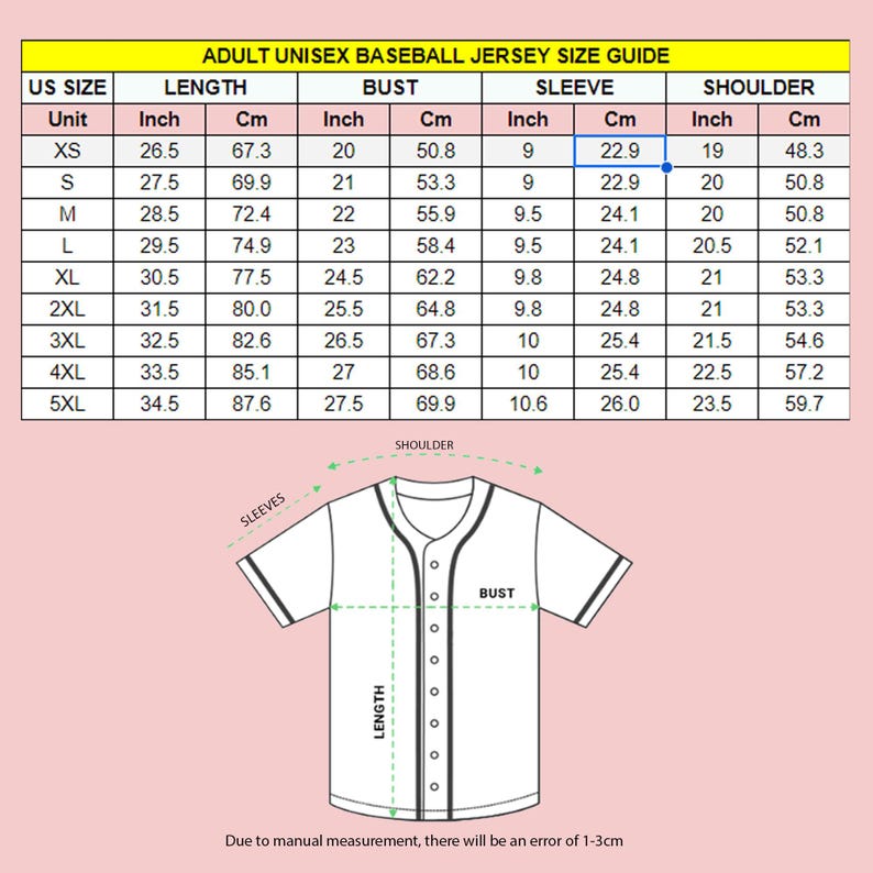 Puede incluir: Gu&iacute;a de tallas de camisetas de b&eacute;isbol unisex para adultos. Incluye medidas en pulgadas y cent&iacute;metros para largo, pecho, manga y hombro. Tallas de XS a 5XL. Un diagrama ilustra los puntos de medici&oacute;n.