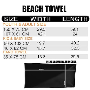 Puede incluir: Toalla de playa negra con detalles de tama&ntilde;o y medidas. El texto "BEACH TOWEL" est&aacute; en la parte superior. Las medidas est&aacute;n en pulgadas. Los tama&ntilde;os para j&oacute;venes y adultos son de 150 x 75 cm. Los tama&ntilde;os para ni&ntilde;os y beb&eacute;s son de 50 x 102 cm. La toalla de mano es de 35 x 75 cm.