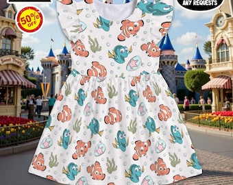 Vestido con volantes estampado de Buscando a Nemo, conjunto de Nemo y Dory, disfraz de Pixar Fest, regalo de cumpleaños de Buscando a Nemo para niña pequeña.