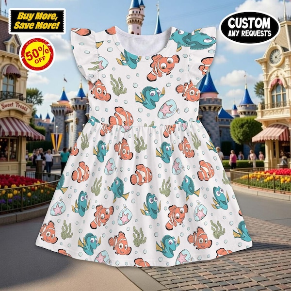 Finding Nemo Print Ruffle Dress, Nemo Dory Outfit, Pixar Fest Costume, Finding Nemo Birthday Gift Toddler Girl Trip