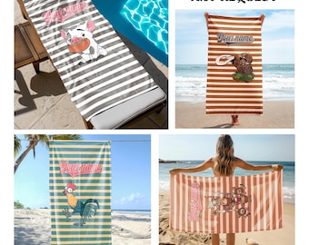 Groovy Disney Moana Striped Personalized Beach Towel, Maui Moana Hei Hei Pua Pool Party Towels, Retro Style Bridesmaid Towel, Birthday Gift
