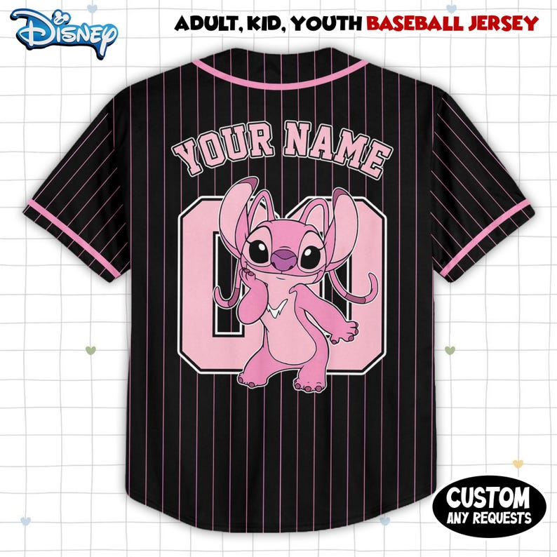 May include: Black baseball jersey with pink pinstripes, featuring a pink cartoon character and the text "YOUR NAME" above a number. The jersey has pink accents and the Disney logo.