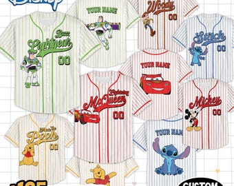Personaliza la camiseta blanca a rayas de los personajes de Disney Pixar, equipo de béisbol personalizado de Disneyland, cumpleaños de Mickey Mouse, regalo para fans de Disney.