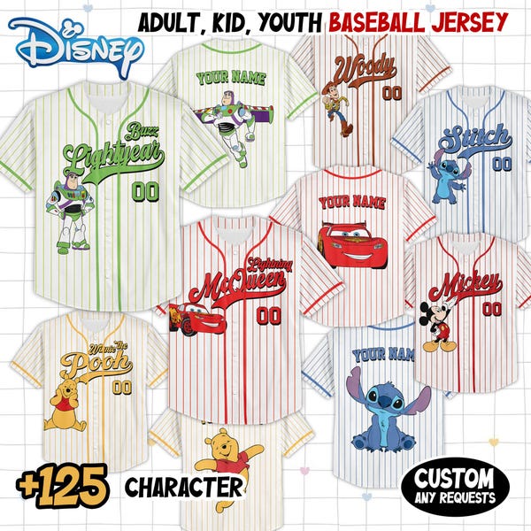 Personalize Disney Pixar Characters Striped White Jersey, Custom Disneyland Baseball Team, Mickey Mouse Birthday, Gift for Disney Fans