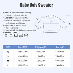 Op de afbeelding: Afbeelding van een witte baby lelijke trui met een maattabel. De tabel toont afmetingen in inches en centimeters voor lengte, borst en mouwen in de maten XS tot L. De tekst bovenaan luidt "Baby Ugly Sweater".