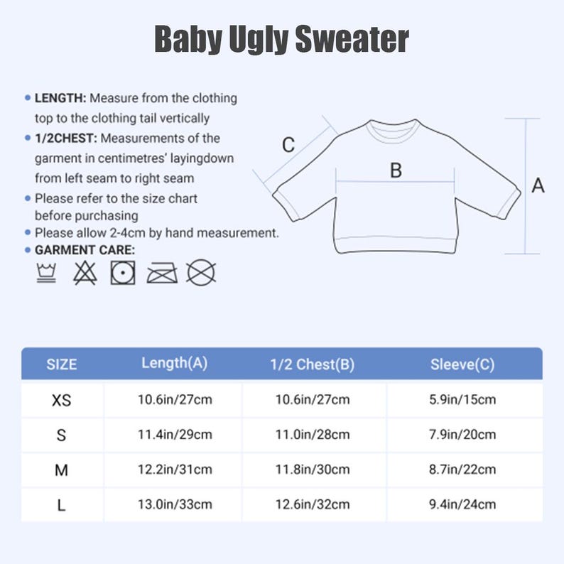 Op de afbeelding: Afbeelding van een witte baby lelijke trui met een maattabel. De tabel toont afmetingen in inches en centimeters voor lengte, borst en mouwen in de maten XS tot L. De tekst bovenaan luidt "Baby Ugly Sweater".