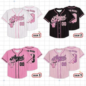 May include: Four baseball jerseys in different colors: white, black, pink, and light pink. Each jersey features the word "Angel", the number "00", and a cartoon character. The back of each jersey has the text "R NAME" and a number.