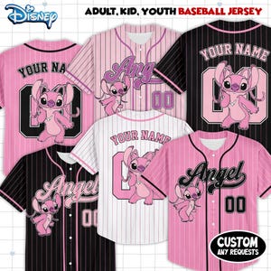 May include: Baseball jerseys in pink, black, and white, featuring the character Angel. The jerseys have the text "Angel", "Your Name", and numbers. The Disney logo is in the top left corner. The text "ADULT, KID, YOUTH BASEBALL JERSEY" is at the top.