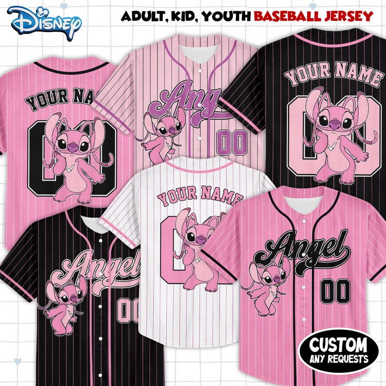 May include: Baseball jerseys in pink, black, and white, featuring the character Angel. The jerseys have the text "Angel", "Your Name", and numbers. The Disney logo is in the top left corner. The text "ADULT, KID, YOUTH BASEBALL JERSEY" is at the top.