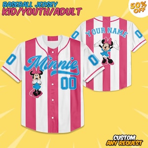 Personalize Disney Vintage Minnie Mouse Baseball Jersey, Custom Kid Youth Adult Baseball Jersey, Custom Disney Birthday Gift