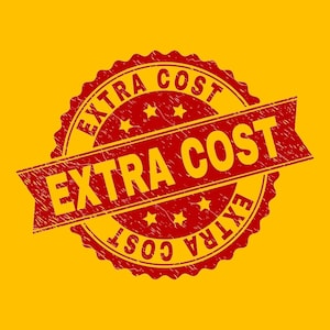 May include: A red and yellow graphic featuring the words "EXTRA COST" in a distressed font. The text is on a red banner across a red and yellow circular stamp with the words "EXTRA COST" around the edge.