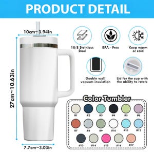 May include: White tumbler with a handle, measuring 10.63 inches tall and 3.03 inches wide. Features include double-wall vacuum insulation, a lid that rotates, and is made of 18/8 stainless steel. The product detail section also shows a color chart.