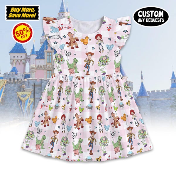 Playful Balloon Print Ruffle Dress, Toy Story Woody Buzz Outfit, Pixar Fest Costume, Andy's Room Birthday Gift Toddler Girl Trip
