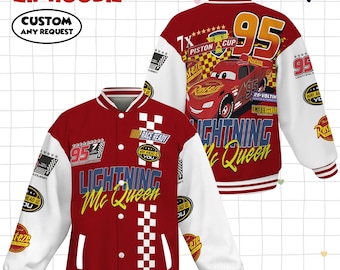 Vintage Lightning Mcqueen 95 Fleece Bomber Jacket, Rust-Eze Cars Piston Cup Champion Racing Jacket, Radiator Springs, Disneyland Family Trip