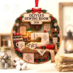 May include: A round, hanging ornament featuring a miniature sewing room scene with a cream-coloured sewing machine, a red pincushion, fabric stacks, and a measuring tape. Text reads: OLIVIA'S SEWING ROOM, 2026, GOOD FABRIC BRIGHTER DAYS, Sew Create Happiness, A STITCH A BRIGHTER TOMORROW, SMALL PROJECTS BIG JOY, Sew Kindness Everyday, and Sewing mends the soul.