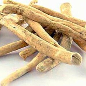 May include: A close-up shot of several light brown, dried ashwagandha roots. The roots are cylindrical, with a rough texture and varying thicknesses. Some roots have a lighter, almost beige color, while others are a darker brown.
