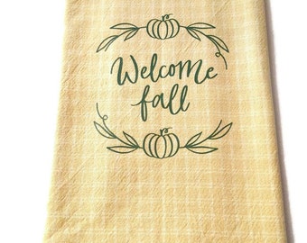 Green Welcome Fall on a Pale yellow tan plaid dish towel