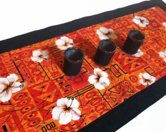 Orange white flowers black geometric table runner