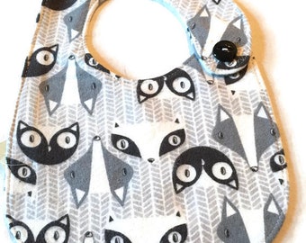 White gray grey black fox  print flannel bib