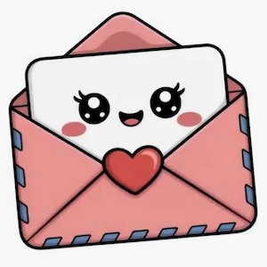 May include: A cartoon illustration of a pink envelope with a white letter inside. The letter features a smiling face with large black eyes, long eyelashes, and pink cheeks. A red heart is centered on the envelope flap, and blue markings line the edges.