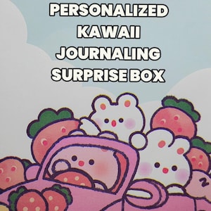 May include: A 200+ ITEM PERSONALIZED KAWAII JOURNALING SURPRISE BOX with a light blue background. The illustration features white cartoon characters driving a pink car surrounded by red strawberry-like shapes with green leaves.