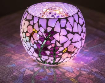 DIY Mosaic Candle Holder Kit, Butterfly Flower Craft Gift for Adults, Glass Votive Lantern Home Decor