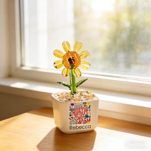 Planta de girasol de vidrio personalizada, decoración artesanal de vidrio ámbar, maceta de recuerdo para el Día de la Madre