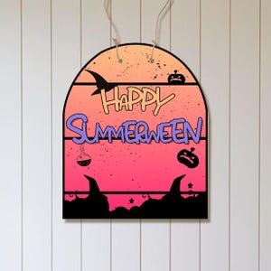 Happy Summerween Pumpkin Hanging Wood Sign,Cute Halloween in Summer Decor,Trendy Summer Halloween Wall Decor,Pastel Spooky Party Decoration