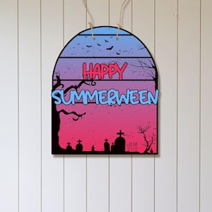 Happy Summerween Hanging Wood Sign, Cute Halloween in Summer Decor, Trendy Summer Halloween Wall Decor, Pastel Spooky Party Decoration