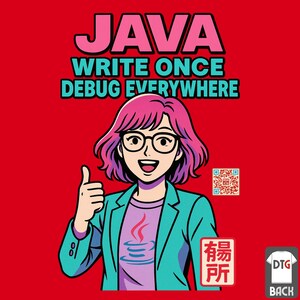 May include: Red graphic tee with a cartoon person with pink hair and glasses giving a thumbs up. The text "JAVA WRITE ONCE DEBUG EVERYWHERE" is above the person. The person is wearing a teal blazer and a shirt with a Java logo.