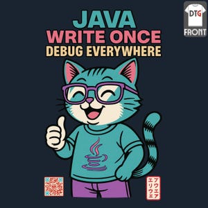 May include: A navy blue t-shirt with a cartoon cat wearing glasses and giving a thumbs up. The shirt has the text "JAVA WRITE ONCE DEBUG EVERYWHERE" and a Java logo. The cat is wearing a light blue shirt and purple trousers.