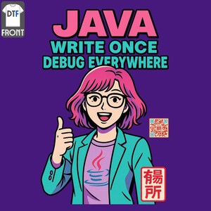 May include: Purple t-shirt with a graphic of a smiling person with pink hair, glasses, and a teal blazer. The shirt features the text "JAVA WRITE ONCE DEBUG EVERYWHERE" and a QR code.