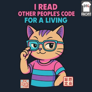 May include: A navy blue t-shirt featuring a cartoon cat wearing glasses and a striped shirt. The text reads "I READ OTHER PEOPLE'S CODE FOR A LIVING". The design includes a QR code and Japanese text.