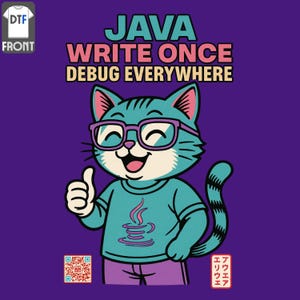 May include: A purple t-shirt with a cartoon cat wearing glasses and a Java logo t-shirt. The text "JAVA WRITE ONCE DEBUG EVERYWHERE" is above the cat. The cat is giving a thumbs up.